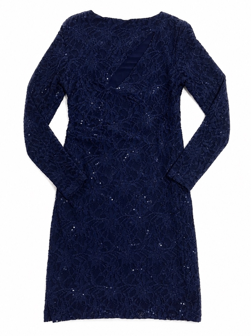Lauren Ralph Navy Lace Sequin Long Sleeve Cutout Cocktail Dress Fall - Picture 4 of 5